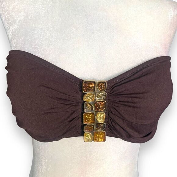 Vintage LaBlanca Bandeau Bikini Swim Top Brown Jewel Detail Summer Essential - Picture 9 of 12